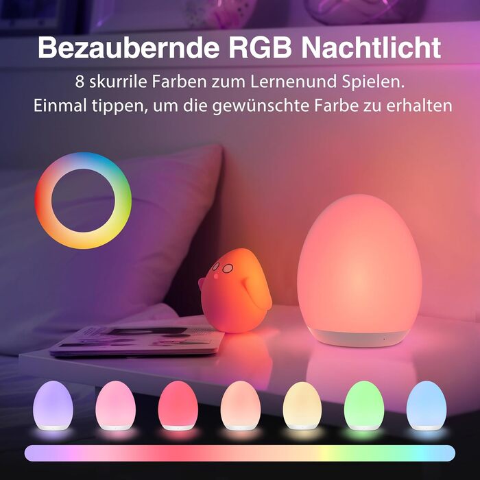 Нічник дитячий JolyWell з 8 режимами зміни кольору та регулюванням яскравості, перезаряджуваний нічник-яйце з таймером 1 година та сенсорним керуванням, білий