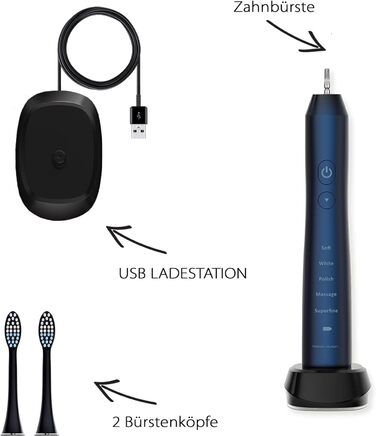 Електрична зубна щітка Tristan Auron - 55 000 вібрацій, 5 режимів, 60 днів роботи від акумулятора, компактна та тиха, з 2 насадками, для бережного очищення зубів (Червона) (B - Синя)