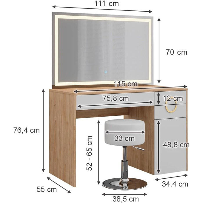 Туалетний столик Vicco Adela, Високий глянець, 115 см, 3 ящики, натуральний Rockford Hickory, LED дзеркало та табурет