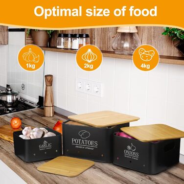 Набір контейнерів для зберігання картоплі, цибулі та часнику (3 шт.) з бамбуковим кришками - зберігає овочі свіжими. Чорний колір