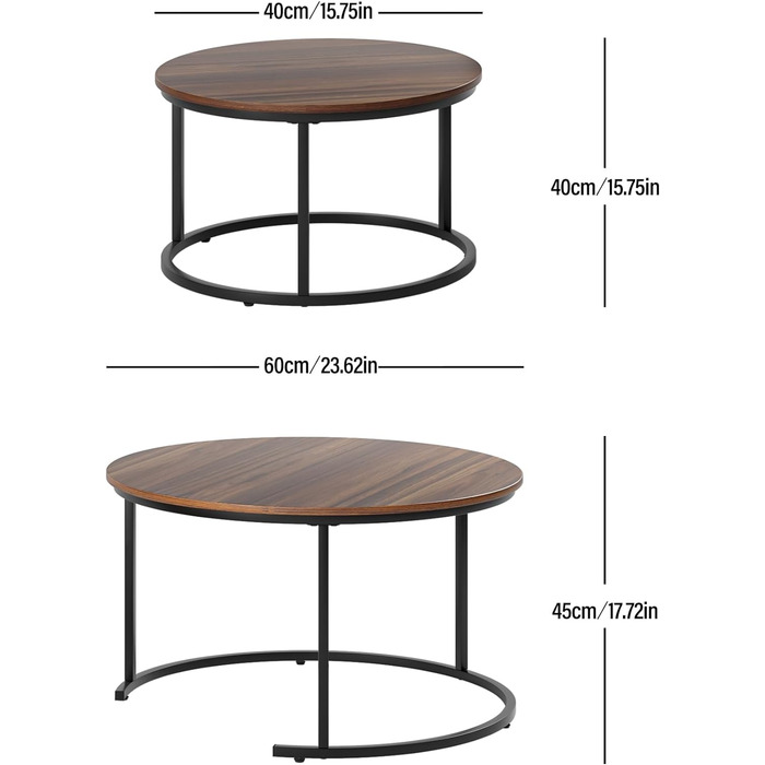 Журнальний стіл Gall&Zick круглий набір з 2 шт. , стіл для вітальні, журнальні столики металеві, журнальний столик для вітальні, спальні, журнальний столик, вінтажний коричневий/чорний 2.чорний
