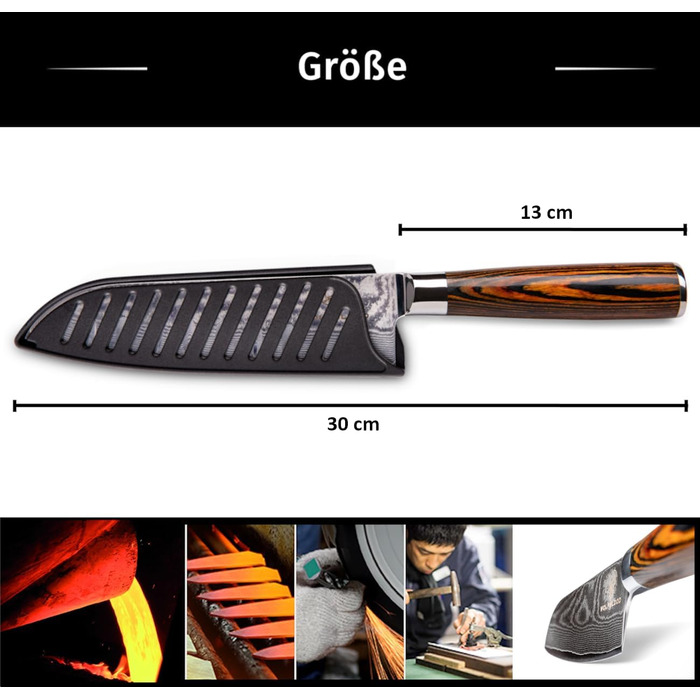 Ніж кухарський Santoku XL (30 см) Wolfblood з дамаської сталі 67 шарів, професійний, з дерев'яною ручкою, подарункова коробка та захист леза
