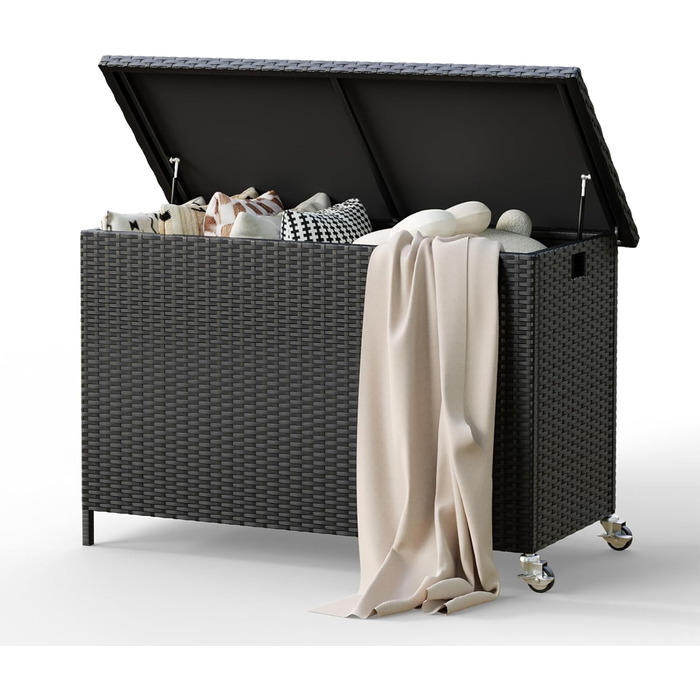 Водонепроникний садовий ящик Amopatio Gartenbox 480л з поліротангу, металевий ящик для подушок на колесах з газліфтом для саду та балкону (чорний)