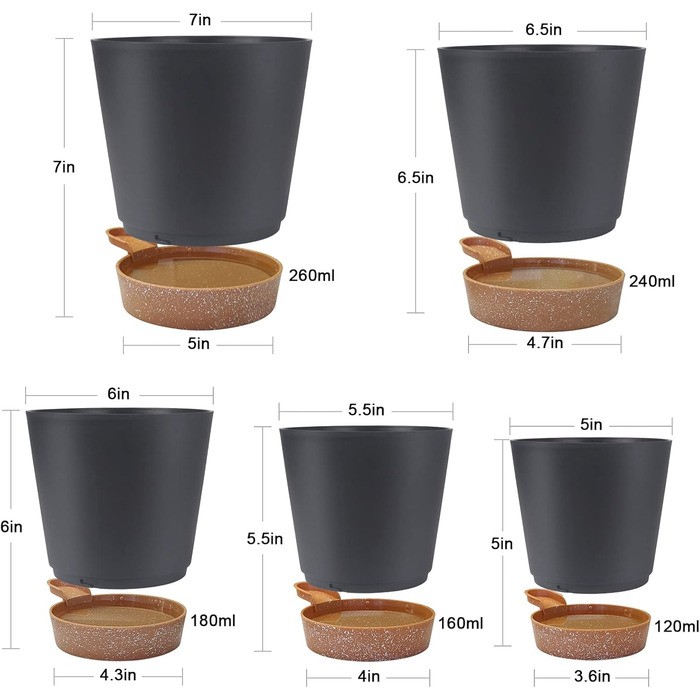 5 горщиків з пластику з системою поливу, 17.8/16.5/15.2/13.9/12.7 см. Самополивні кашпо з підставкою, круглі горщики для квітів, сукулентів, кактусів, кімнатних рослин, балкона та саду, зелені (чорний, коричневий)