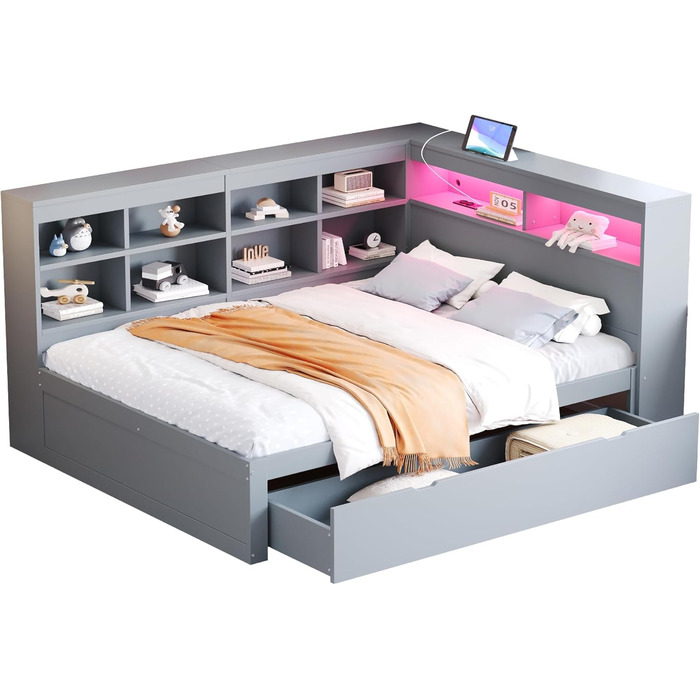 Диван-ліжко Kehun Doppelbet з LED-підсвіткою та USB-портом, трансформер з ящиками для зберігання та полицею, ліжко з ламелями, білий колір, без матраца, 140x200 см (сірий)