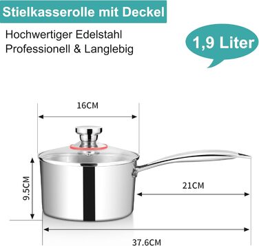 Каструля HaWare з нержавіючої сталі 16 см з кришкою, 1.9 л, для всіх типів плит, нержавіюча сталь, не має покриття, придатна для миття в посудомийній машині