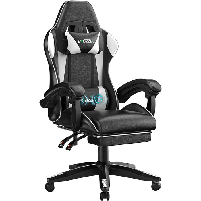 Ігровий крісло Bigzzia з масажем та підніжкою, ергономічний дизайн, регульована спинка 90-135°, з подушками для голови та попереку, білий