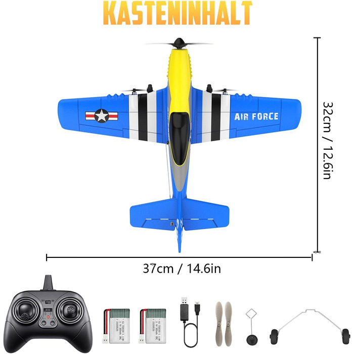 RC літак HAWK'S WORK P-51D Mustang 2.4GHz, готовий до польоту, 6-осьовий гіростабілізатор, синій - для дітей та початківців