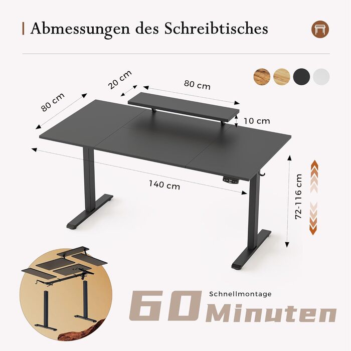 Регульований по висоті письмовий стіл Klicelor з LED-підсвіткою та розетками, 160x80 см, ігровий стіл для офісу з моніторною підставкою, чорний