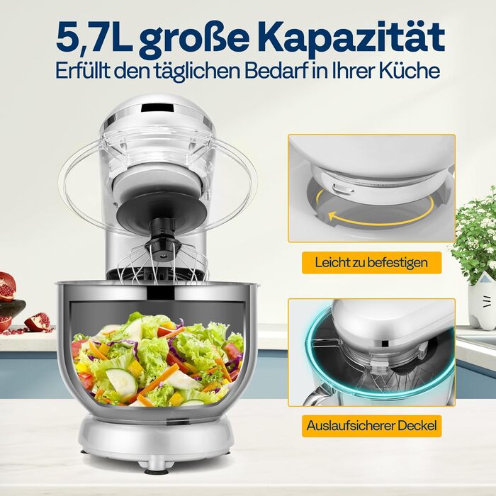 Кухонна машина VIVOHOME 5.7L з місткістю 5.7 літрів, потужністю 660W, 10 швидкостей, функцією імпульсу, для замішування тіста, з бризковим захистом, містить гак для тіста, вінчик та роздільник яєць (срібна)