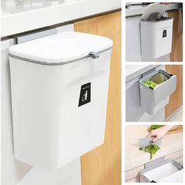 Підвісний сміттєвий бак SENENQU з кришкою 9 л, невеликий підвісний сміттєвий бак для кухні, Кухонний сміттєвий бак, підвісний сміттєвий бак для кухні, Настінний сміттєвий бак для будинку на колесах, ванна кімната-білий