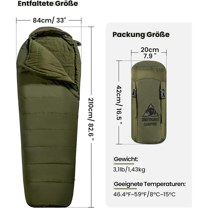 Спальний мішок OneTigris Outdoor Small Pack Розмір 3 сезони 8 C -15 C Спальний мішок для мумій Надлегкий компактний для кемпінгу, подорожей, походів (210 см x 84 см)