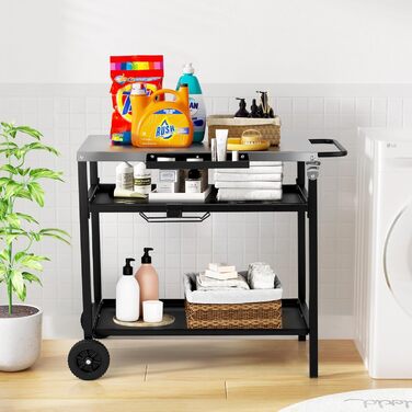 Гриль-візок LEADZM: гриль-стіл для вулиці, 95 x 45 x 83 см, стіл з нержавіючої сталі срібного кольору, на колесах, мобільний, сервісний візок для садів, чорний (97x51x83 см)