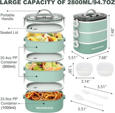 Ланчбокс, штабельований, 3-шаровий, 2,7 л, герметичний, бенто-бокс зі столовими приборами, можна використовувати в мікрохвильовій печі, A-зелений
