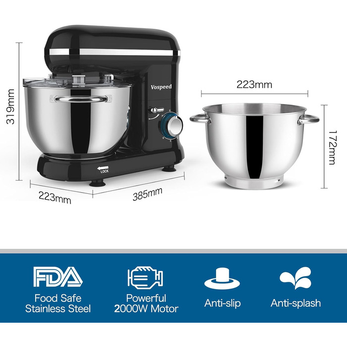Електричний кухонний міксер Vospeed 1500W з 6 швидкостями та мискою 6.2QT (чорний)