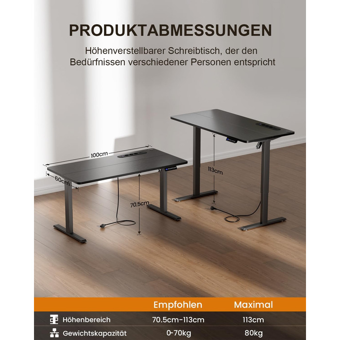 Регульований стіл з підняттям USB-портами та розеткою, 100 x 60 см. Електричний стіл, комп'ютерний стіл з пам'яттю 3-ох функцій, білий колір (чорний, 100 x 60 см)