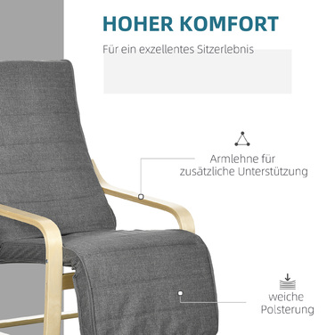 Крісло HOMCOM Акцентне, розслаблююче крісло з регульованою підніжкою, каркас з берези, до 120 кг, 66,5 x 94 x 100 см, сіре