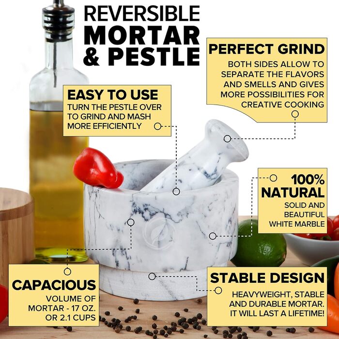 Набір ступки та пестика, мармур, 2.2 чашки – Набір ступки та пестика з мармуру, двосторонній, для приготування гуакамоле, з кришкою та ложкою