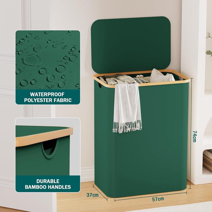 Кошик для білизни Youdenova з кришкою, великий, 160л, бамбук/дерево, сортувальник, білий