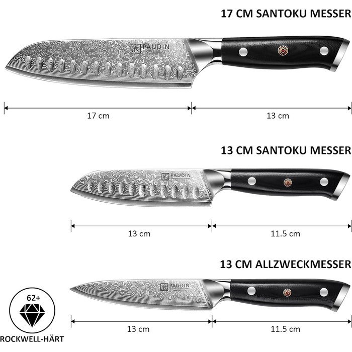 Набір кухонних дамаскових ножів PAUDIN, 3 предмети, ультрагострий Santoku з 67-шарової дамаської сталі з японським VG10 ядром, ергономічна ручка G10