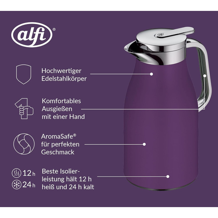 Термос Alfi SKYLINE 1.0л, пастельний колір, нержавіюча сталь, з термоізоляцією, з скляною вставкою, з поворотним клапаном, з зручною кнопкою, ергономічна ручка, ідеальний для кави та чаю, без BPA (1000 мл, Deep Lavender)
