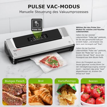 Вакууматор Bonsenkitchen для су-від (Sous Vide) та зберігання продуктів, вакуумний пакувальник з 5 пакетами в комплекті, сріблястий