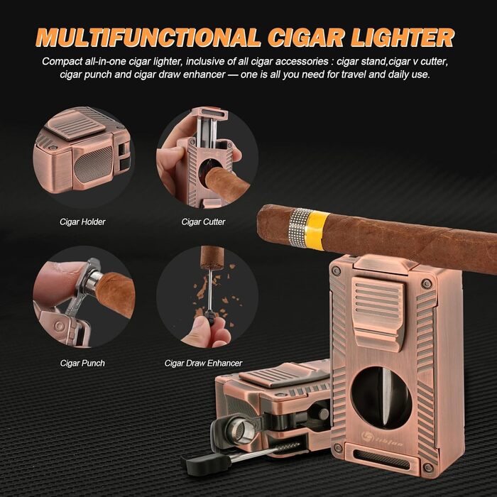 Умидник для сигар з натуральної шкіри, 5-в-1 комплект з запальничкою та вологоміром, коричневий