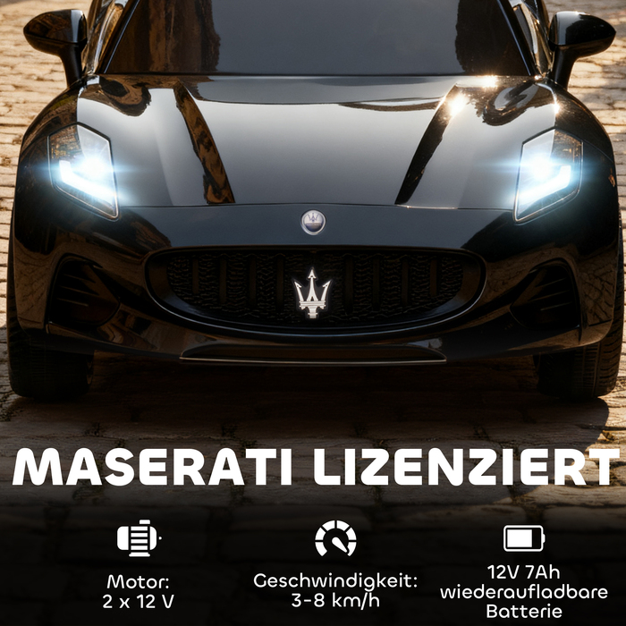 Дитячий електромобіль Maserati, 2 місця, акумулятор 12V, пульт дистанційного керування, світлодіодні фари, музична панель, чорний колір