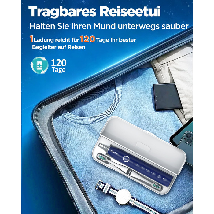 Електрична зубна щітка зі звуковими вібраціями, 8 насадок (3 типи), таймер, 120 днів роботи від акумулятора, 5 режимів чищення, чохол для подорожей, зарядний пристрій для стіни, синій колір