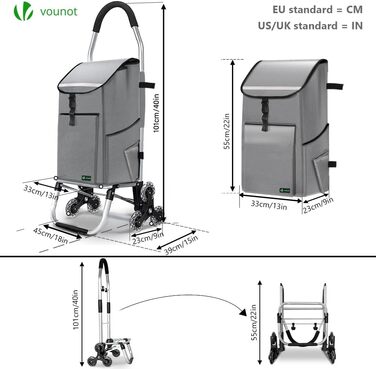 Візок для покупців VOUNOT Aluminium Stair Climber, 3 в 1, складаний , 6 коліс, охолоджувальний відсік, 45 л, сірий