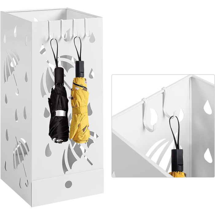 Підставка для парасольок Laneetal, квадратна підставка для парасольок, металева, знімний піддон для збору води, 4 гачки, 20x49x20см, біла