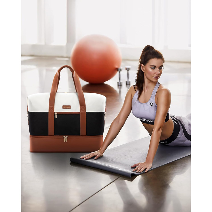 Сумка-валіза LOVEVOOK для жінок, спортивна сумка-мішок, дорожня сумка на вихідні, ручна поклажа для літака, сумка для пологового будинку, дорожня сумка для одягу з відділенням для взуття, бежево-коричнево-чорна, 50x38x25 см