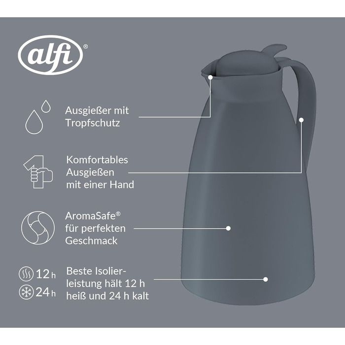 Термос Alfi ECO 1.0л, темно-сірий, з термоізоляційним скляним вкладишем, з кришкою-поворотом та зручною кнопкою, для однієї руки, ідеальний для кави та чаю, без BPA