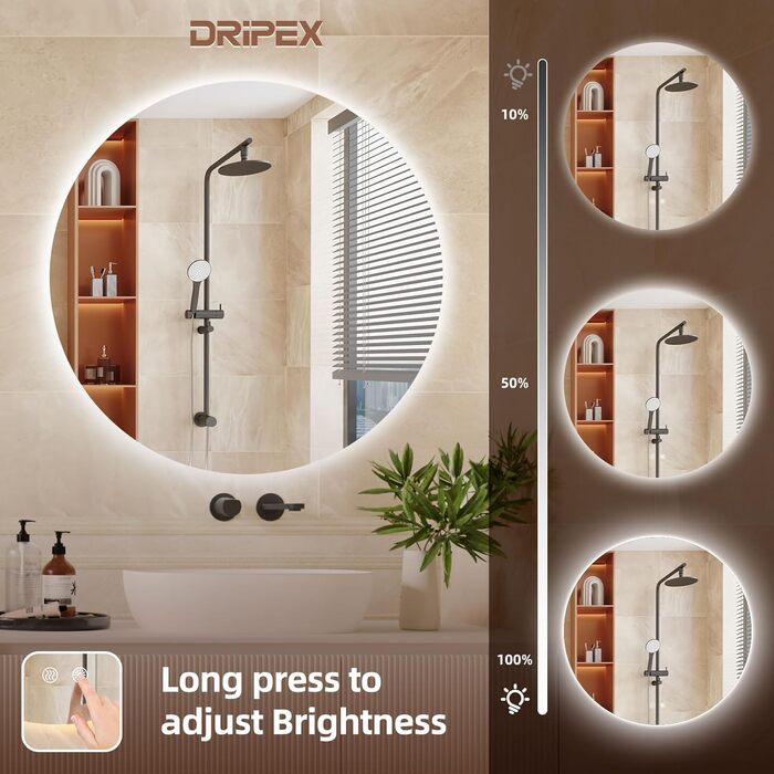 Дзеркало для ванної кімнати Dripex LED з підсвічуванням, кругле, сенсорне управління, регулювання яскравості, 3 кольори світла, запобігання запотіванню, 80x80 см