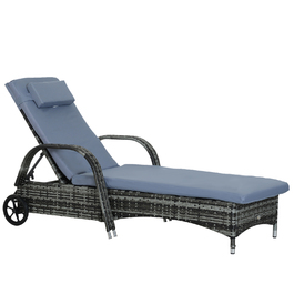 Outsunny Garden Furniture Садовий шезлонг Шезлонг мобільний з подушками, поліротанг і метал, сірий, регульований 200x73x30-103см для саду та тераси