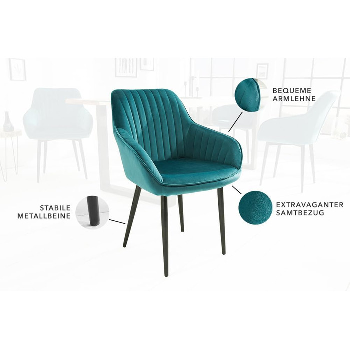 Стілець Riess-Ambiente Design Turin Velvet Turquoise з підлокітником Обіднє та конференц-крісло