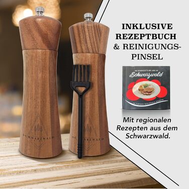 Набір з 2-х дерев'яних мельниць для солі та перцю (21 см) з керамічним механізмом - з пензликом для чищення та рецептами, кухонні аксесуари, подарунок
