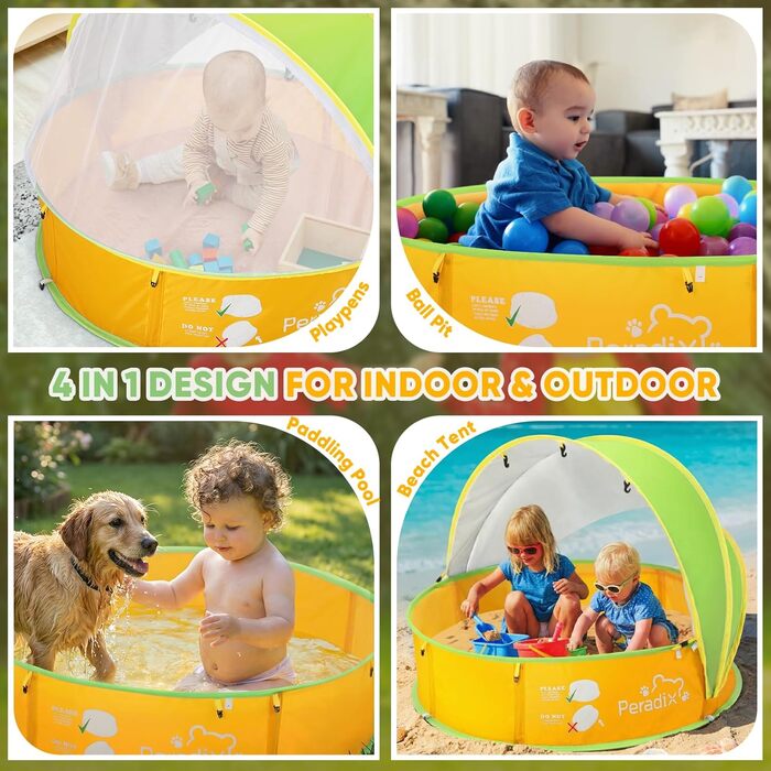 Дитячий басейн-намет Peradix 4-в-1 з UV захистом, басейн для кульок, москітна сітка, портативний, літній, жовто-зелений