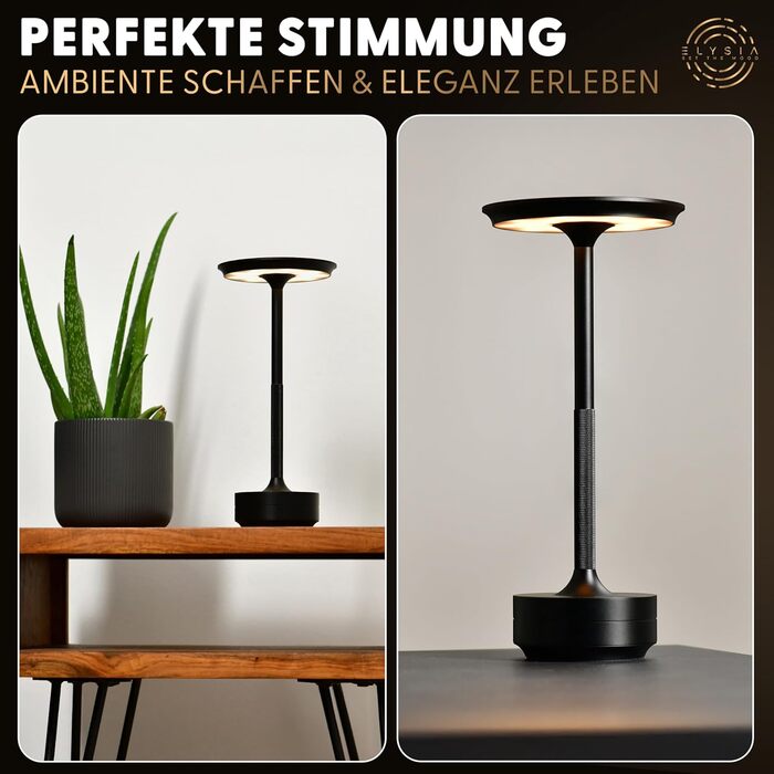 LED-лампа ELYSIA на акумуляторі, торшероподібна, диммування, бездротова, сенсорна панель, для внутрішнього та зовнішнього використання [IP54], тепле світло [2200K-2700K-3200K], USB-C, перезарядна, алюміній, чорна