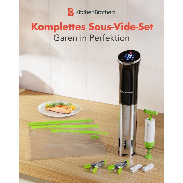 Су-від прилад KitchenBrothers - Су-від стік - Су-від набір - для приготування їжі за технологією су-від - 1200W, чорний, з аксесуарами