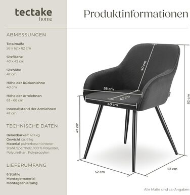 Крісло tectake® з підлокітниками, м'яке, обтягнуте тканиною Cord, для вітальні, їдальні, кухні, офісу (набір 6 шт., антрацит/чорний)