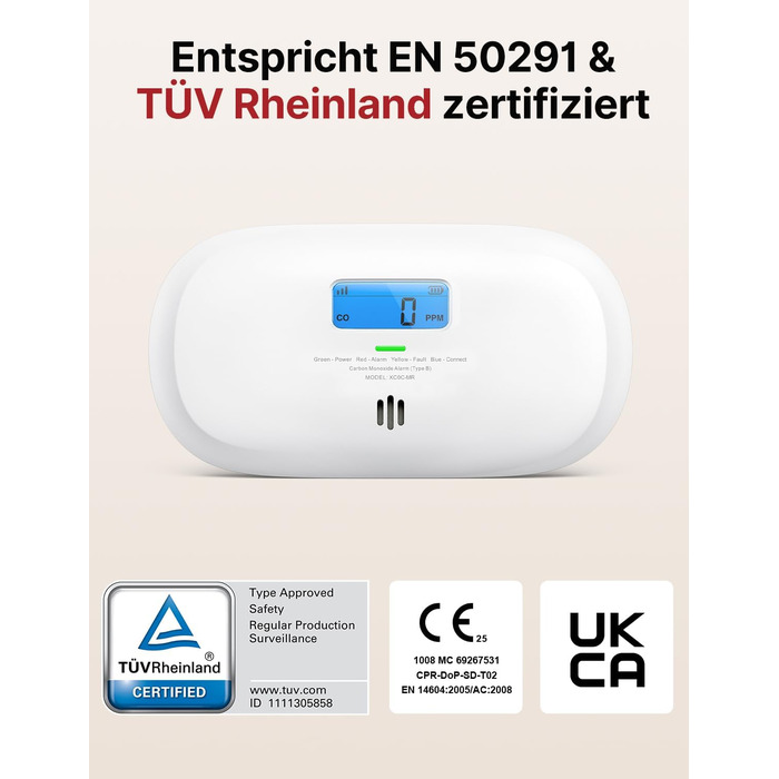 X-Sense Детектор чадного газу з цифровим дисплеєм, сертифікат TÜV Rheinland, з базовою станцією SBS50, керування через додаток, XC0C-MR11, 1 шт.