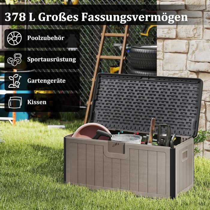 Ящик для зберігання садовий COSTWAY 378 л, водонепроникний, з кришкою на замок, для подушок та інструментів, чорно-коричневий