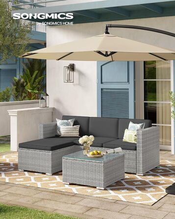 Садовий набір меблів SONGMICS з ротангу для балкона та тераси: кутовий диван, комплект з подушками та скляним столом, сірий