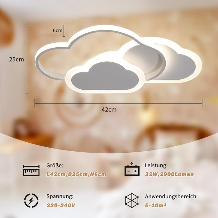 Світлодіодний стельовий світильник-хмара - 32 Вт, затемнення з дистанційним керуванням, 42 см для дитячої кімнати/спальні