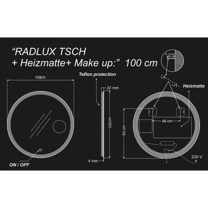 Дзеркало для ванної кімнати з підсвічуванням LED, діаметр 90 см, кругле. Нейтральне світло 4000K. Без додаткових функцій. Розміри 100x100 см.