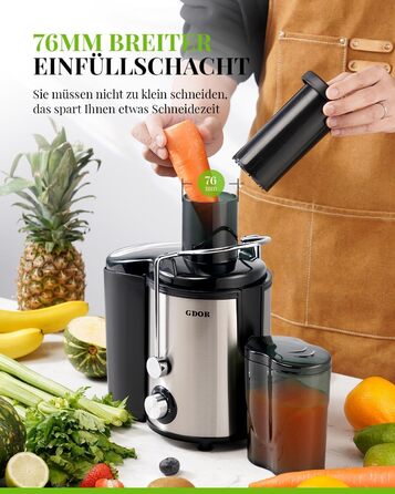 Шокер-віджимач GDOR 800W з нержавіючої сталі, 76 мм, 3 швидкості, для фруктів та овочів, швидке віджимання, легкий у чищенні, BPA-free