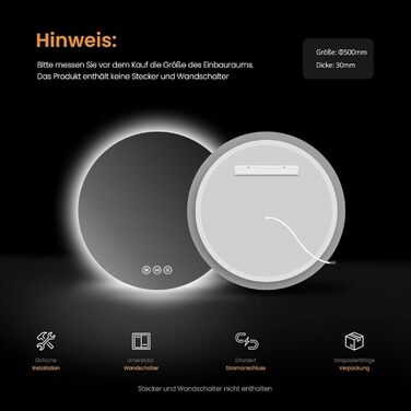 Дзеркало для ванної кімнати EMKE з підсвічуванням, діаметр 80 см, 3 кольори світла, регулювання яскравості, антизапар, сенсорне управління, функція пам'яті, енергозберігаюче, без рамки (50x50 см)