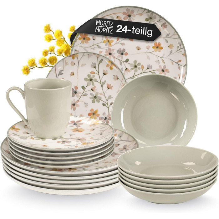 Набір посуду Moritz & Moritz PRIMAVERA з кераміки на 6 осіб (24 шт.) - сучасний сервіз з ігровим дизайном, легкий у догляді, включає тарілки, чашки та миски