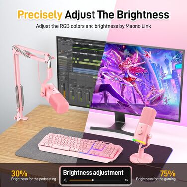Ігровий мікрофон MAONO PD100XS XLR/USB з динамічним капсулем, RGB-підсвіткою, пультом гучності, кнопкою вимкнення звуку, програмним забезпеченням, для ПК, стрімінгу, запису, PS4/PS5, Mac, рожевий